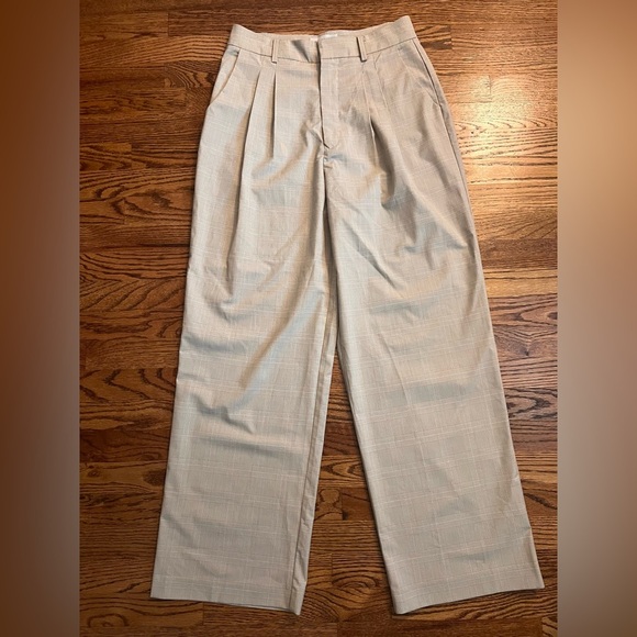 WAYF Plaid Wide Leg Trousers Medium Taupe High Rise Pleated Front Work Pants - Picture 9 of 11